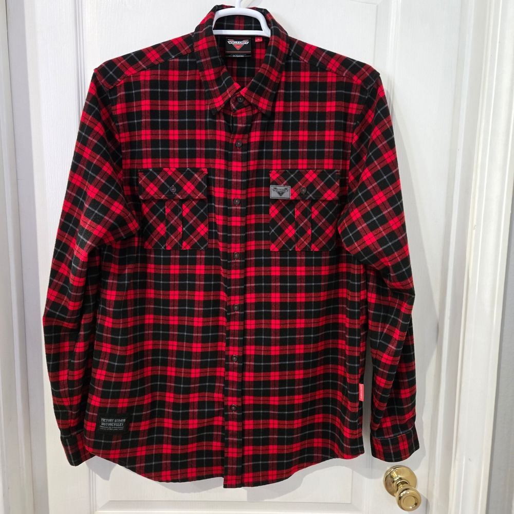 Victory Motorcycles Thick Flannel Shirt Mens Large Red Black Plaid  Stretch